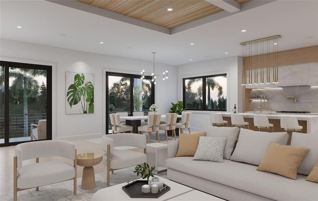 Dining room, Interior, Living room, Pendant Lights, Recessed Lighting, Wooden Ceilings