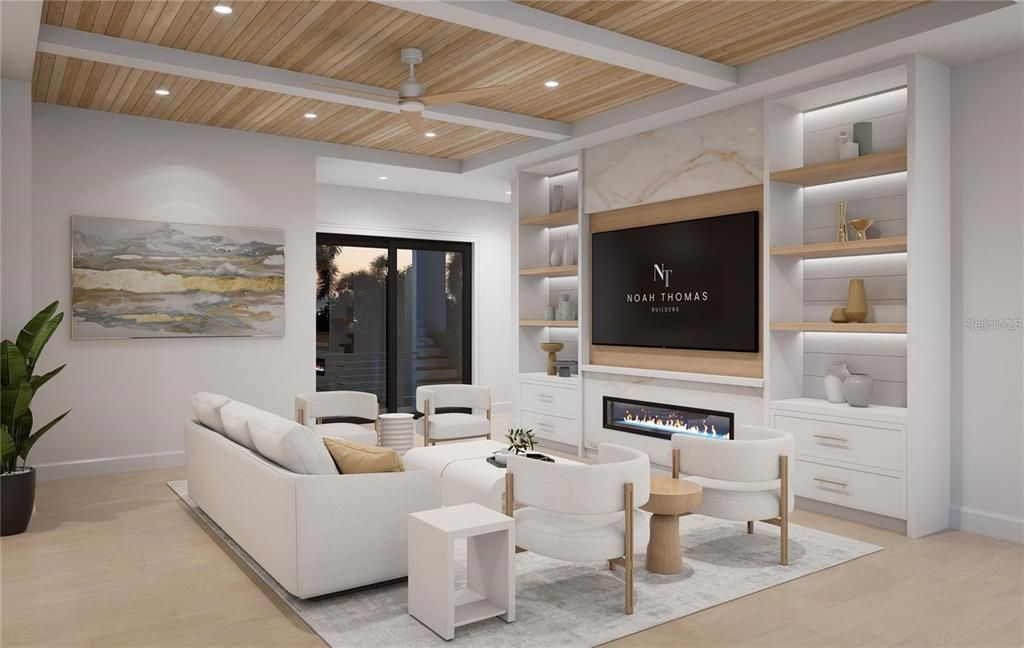 Fireplace, Interior, Living room, Recessed Lighting, Wooden Ceilings, Wood Texture Flooring