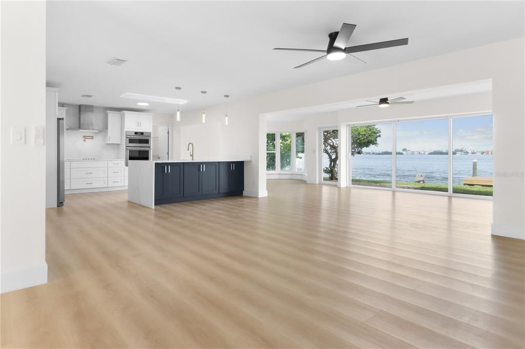 Interior, Kitchen, Pendant Lights, Recessed Lighting, Stainless Steel Appliances, Water, Wood Texture Flooring