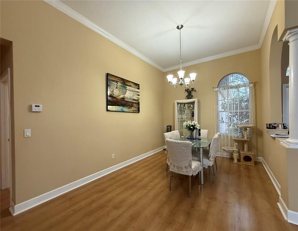 Chandelier, Dining room, Interior, Wood Texture Flooring