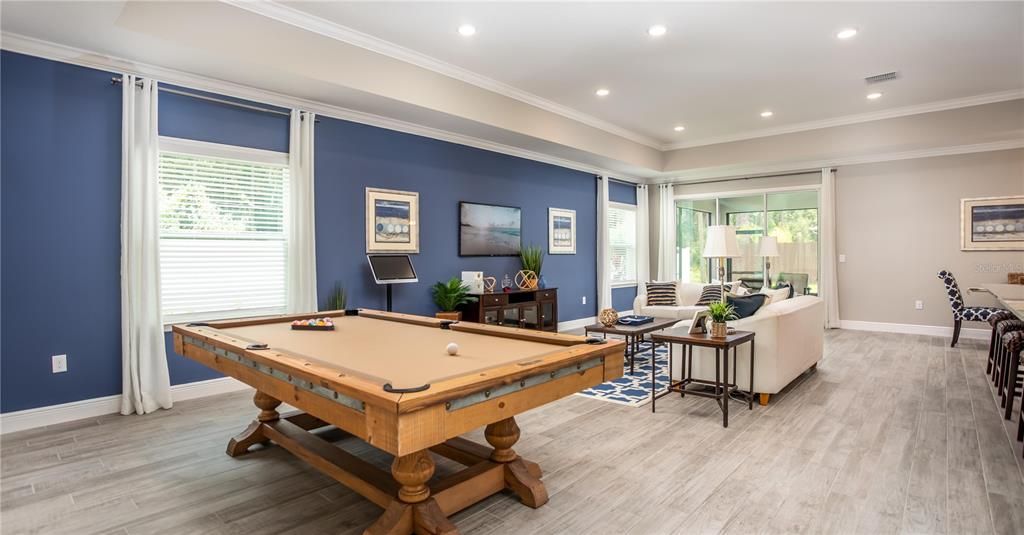 Billiard Table, Game Room, Interior, Living room, Recessed Lighting, Wood Texture Flooring
