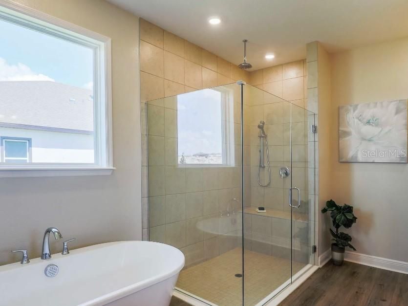 Bathroom, Free Standing Baths, Glass Shower, Interior, Recessed Lighting, Wood Texture Flooring