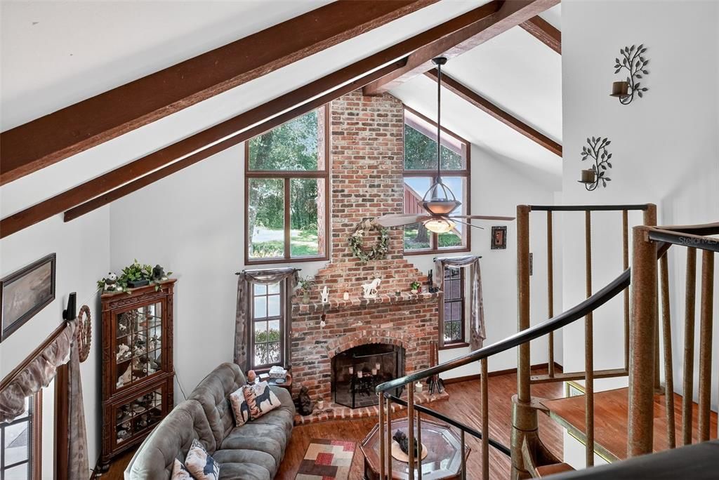 Fireplace, Interior, Living room, Stone Walls, Wooden Beams, Wood Texture Flooring