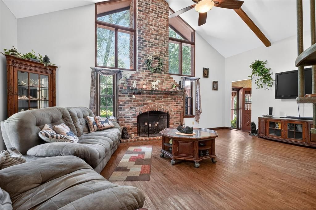 Fireplace, Interior, Living room, Stone Walls, Wooden Beams, Wood Texture Flooring