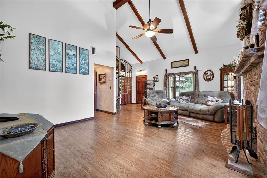 Fireplace, Interior, Living room, Wooden Beams, Wood Texture Flooring