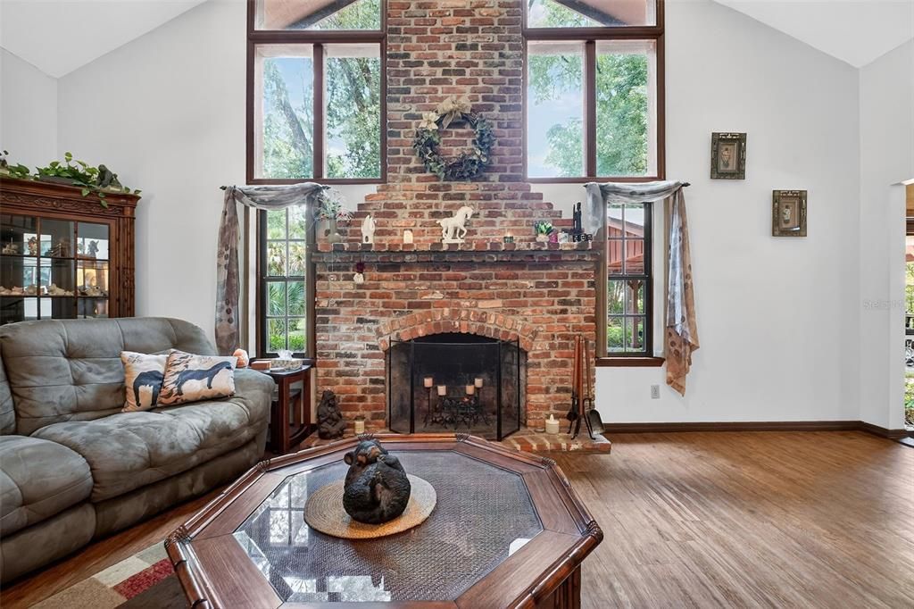Fireplace, Interior, Living room, Stone Walls, Wood Texture Flooring