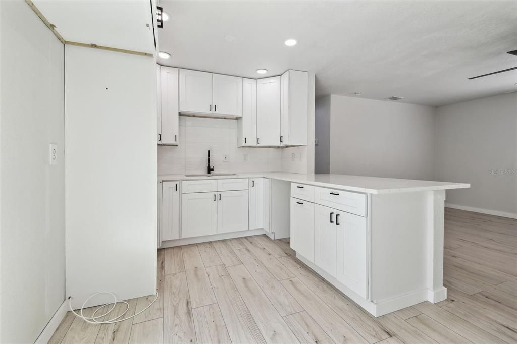 Interior, Kitchen, Recessed Lighting, Wood Texture Flooring