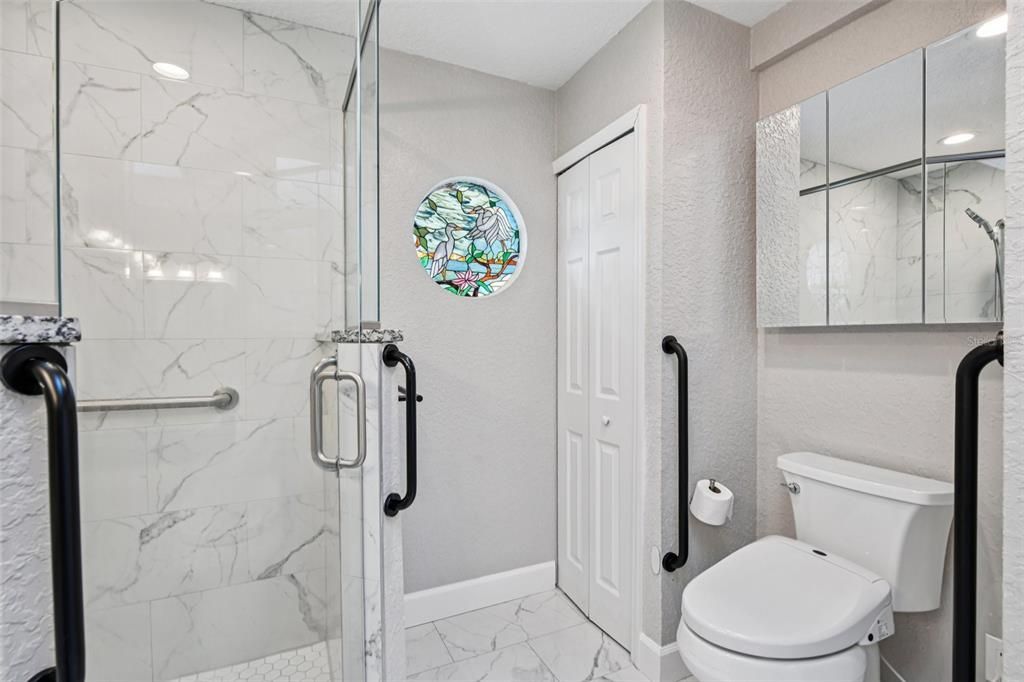 Bathroom, Glass Shower, Interior, Marble, Marble Walls, Recessed Lighting