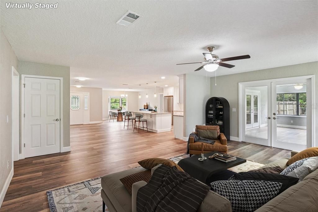 Interior, Kitchen, Living room, Pendant Lights, Recessed Lighting, Wood Texture Flooring