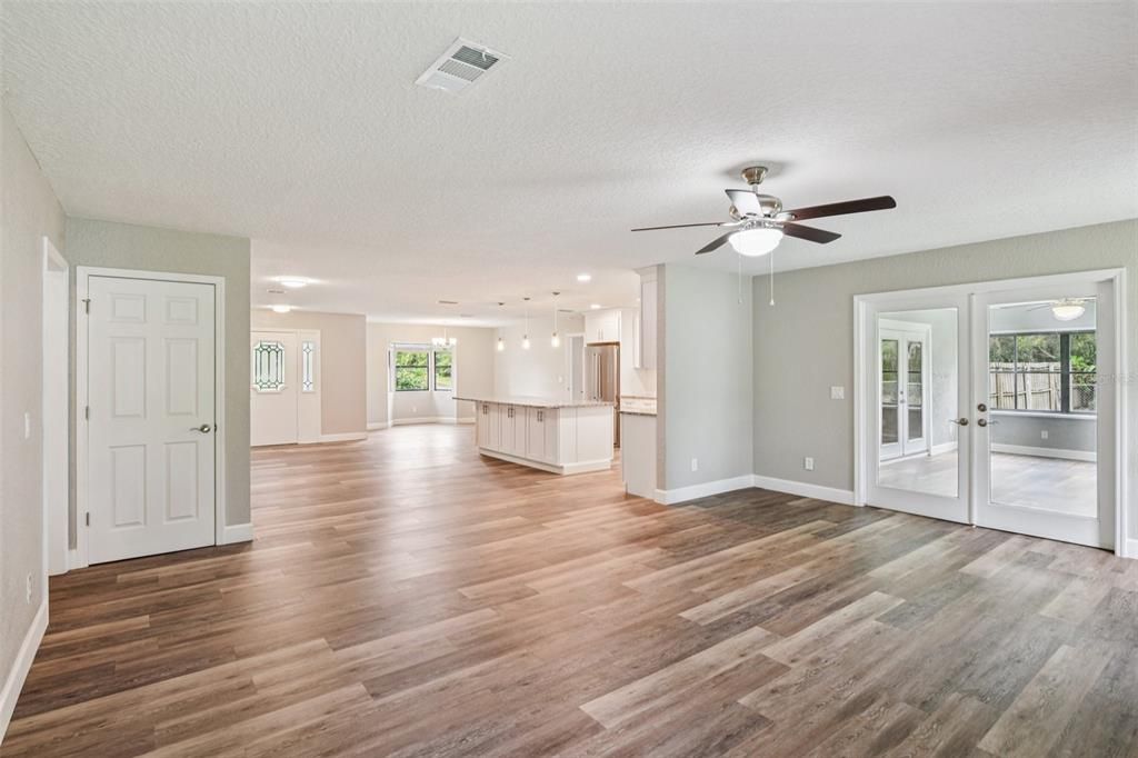 Empty room, Interior, Kitchen, Pendant Lights, Recessed Lighting, Wood Texture Flooring