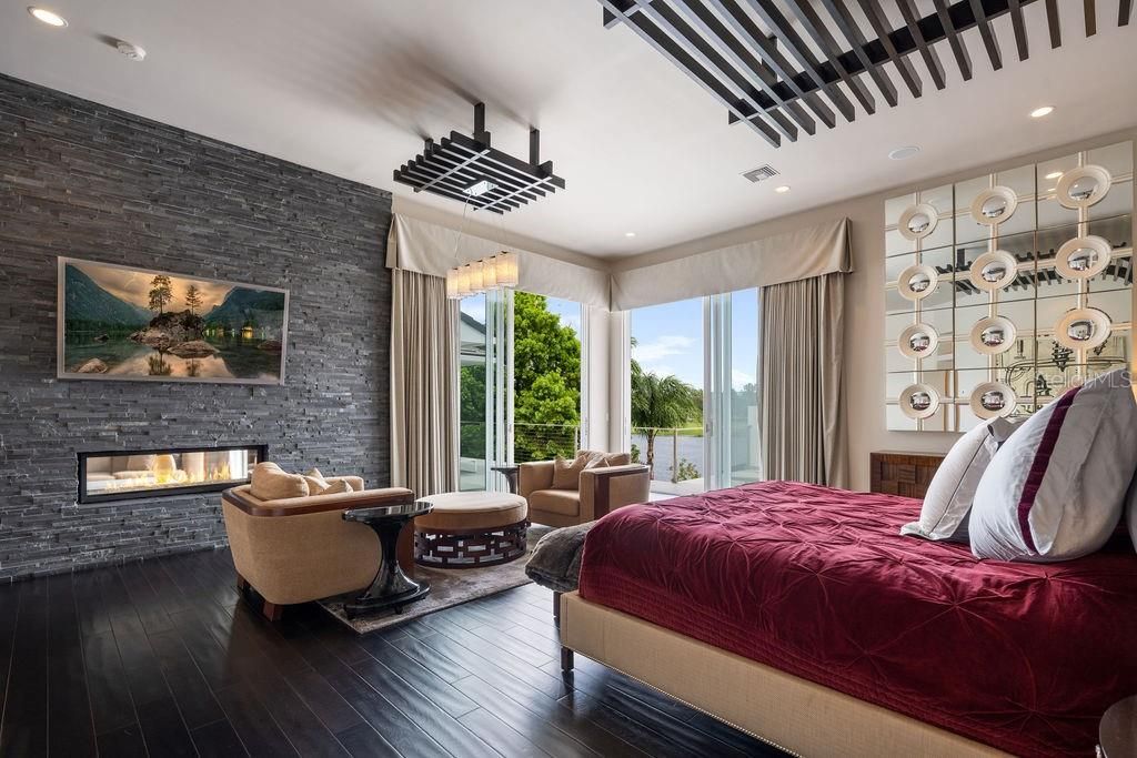 Bedroom, Fireplace, Interior, Recessed Lighting, Wood Texture Flooring