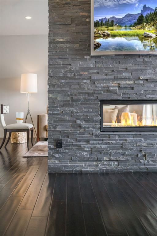 Fireplace, Interior, Recessed Lighting, Wood Texture Flooring, Wooden Walls