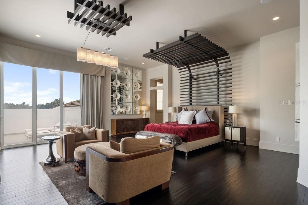 Bedroom, Chandelier, Interior, Recessed Lighting, Wood Texture Flooring