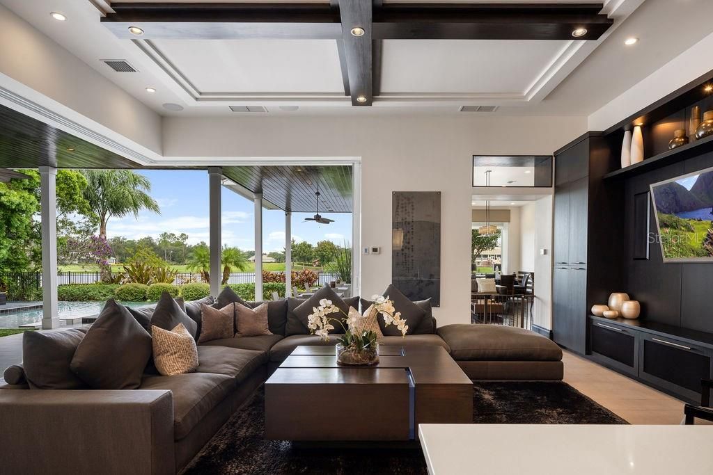 Interior, Living room, Recessed Lighting, Wooden Beams, Wood Texture Flooring