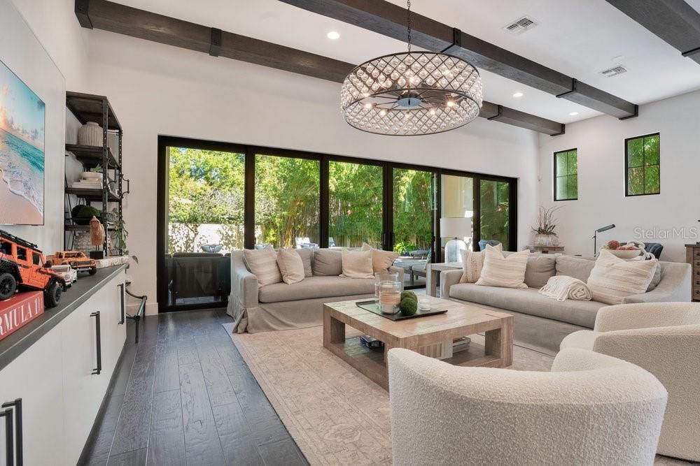 Interior, Living room, Pendant Lights, Recessed Lighting, Wooden Beams, Wood Texture Flooring
