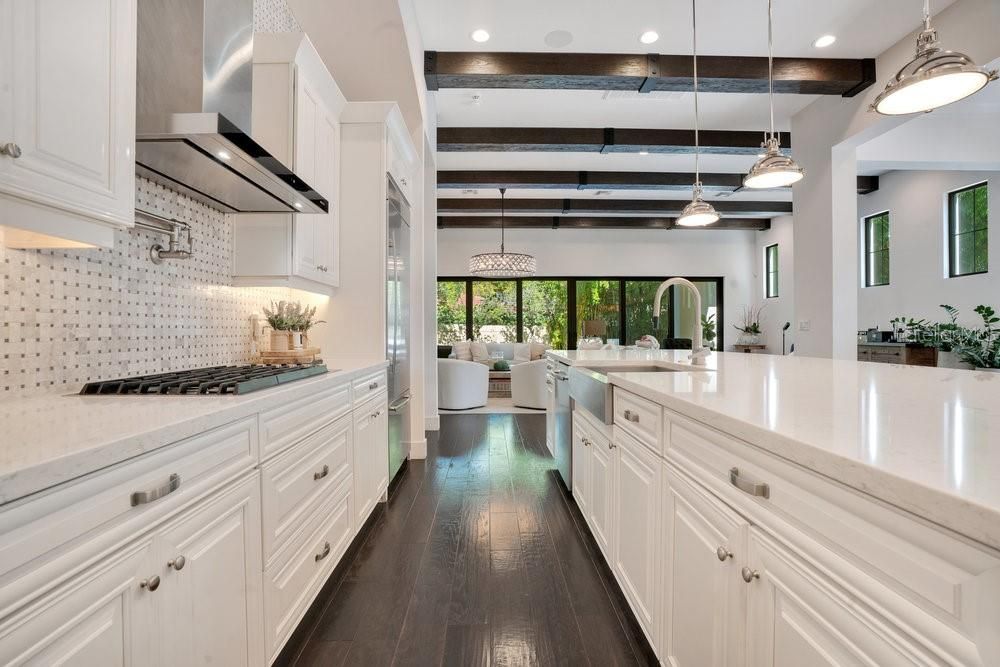 Interior, Kitchen, Pendant Lights, Recessed Lighting, Stainless Steel Appliances, Wooden Beams, Wood Texture Flooring
