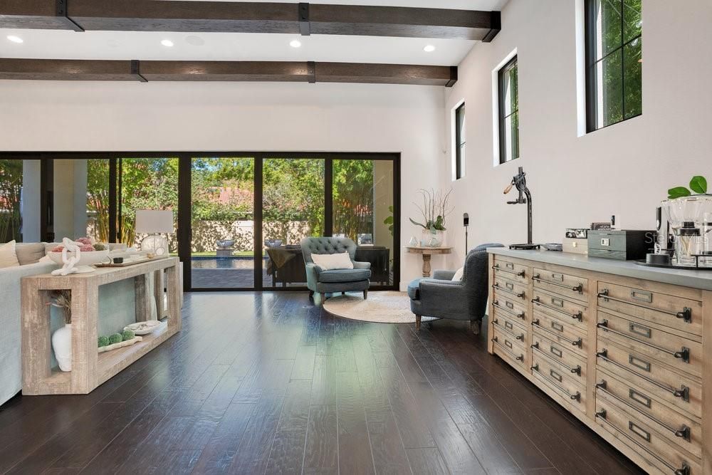 Interior, Living room, Recessed Lighting, Wooden Beams, Wood Texture Flooring