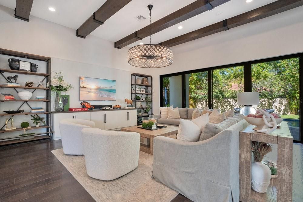 Chandelier, Interior, Living room, Pendant Lights, Recessed Lighting, Wooden Beams, Wood Texture Flooring