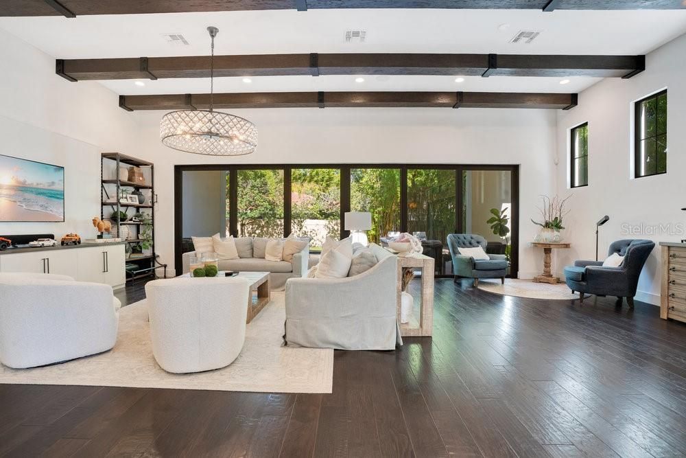 Interior, Living room, Pendant Lights, Recessed Lighting, Wooden Beams, Wood Texture Flooring