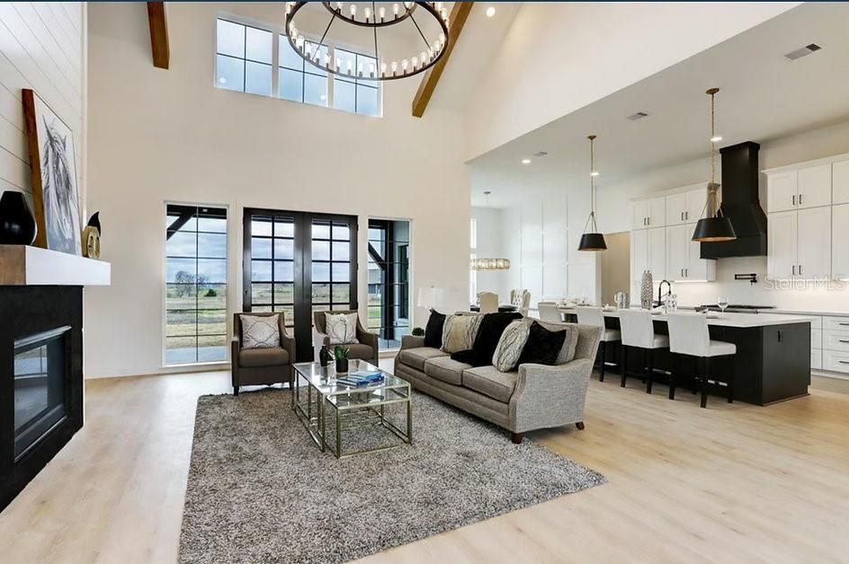 Fireplace, Interior, Kitchen, Living room, Pendant Lights, Recessed Lighting, Wood Texture Flooring