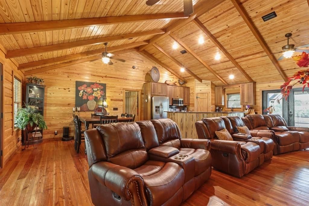 Home Theatre Room, Dining room, Interior, Kitchen, Living room, Recessed Lighting, Wooden Beams, Wooden Ceilings, Wood Texture Flooring, Wooden Walls