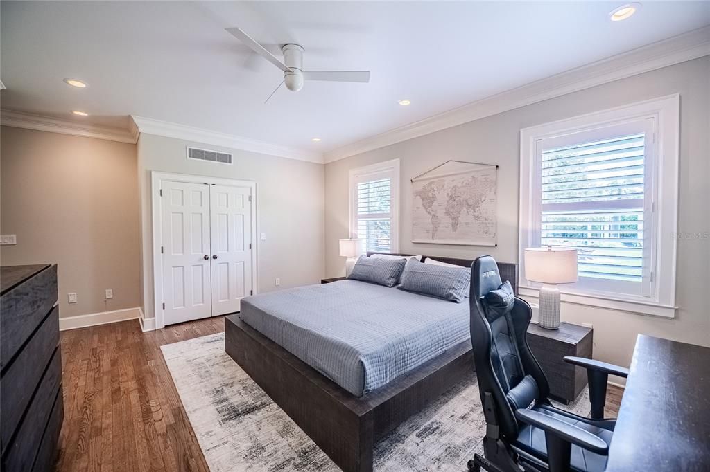 Bedroom, Interior, Recessed Lighting, Wood Texture Flooring