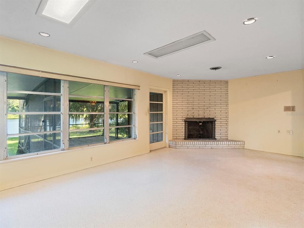 Empty room, Fireplace, Interior, Recessed Lighting, Stone Walls