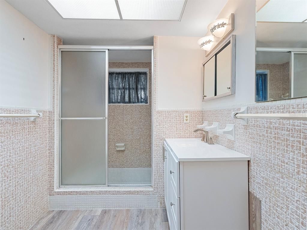 Bathroom, Glass Shower, Interior, Wood Texture Flooring