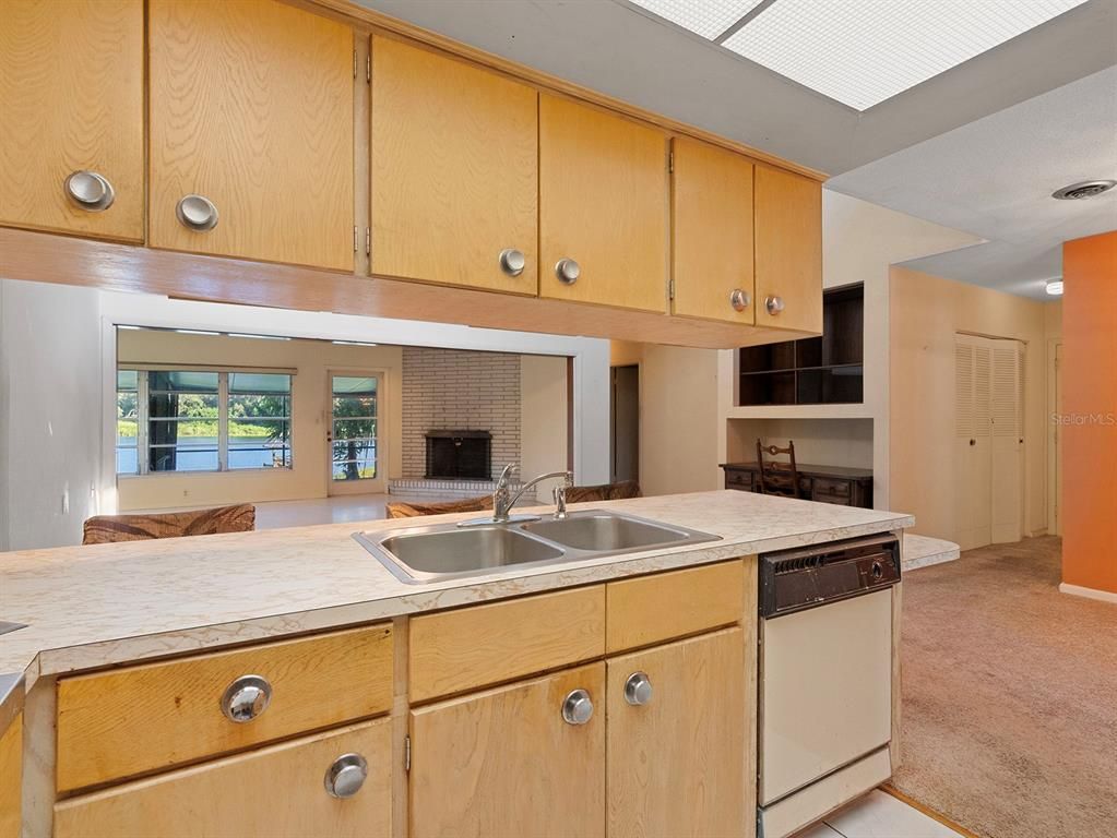 Fireplace, Interior, Kitchen, Tile Countertops