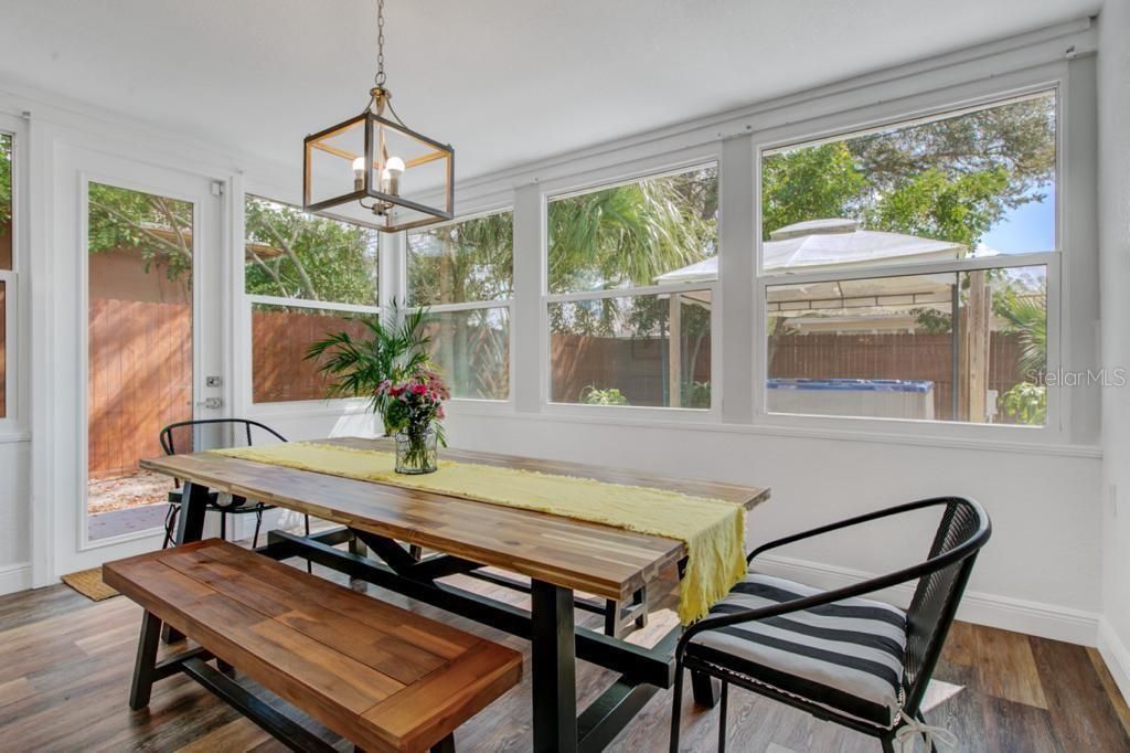 Dining room, Interior, Pendant Lights, Sun Room, Wood Texture Flooring