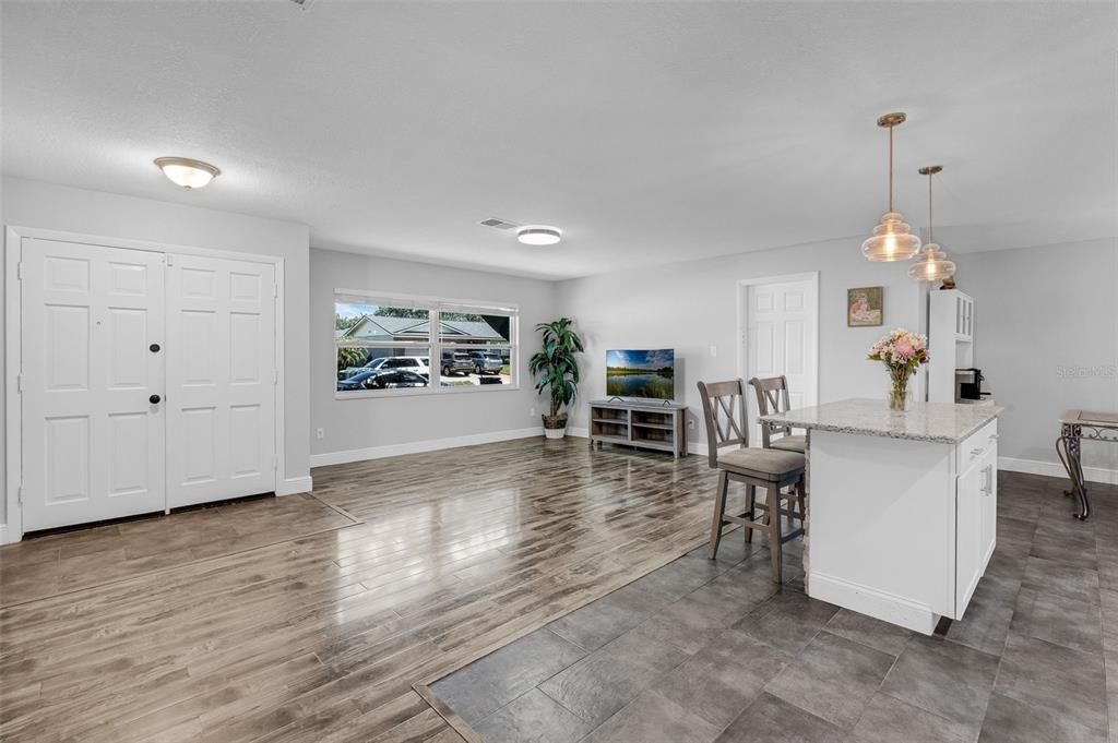 Dining room, Interior, Kitchen, Pendant Lights, Wood Texture Flooring