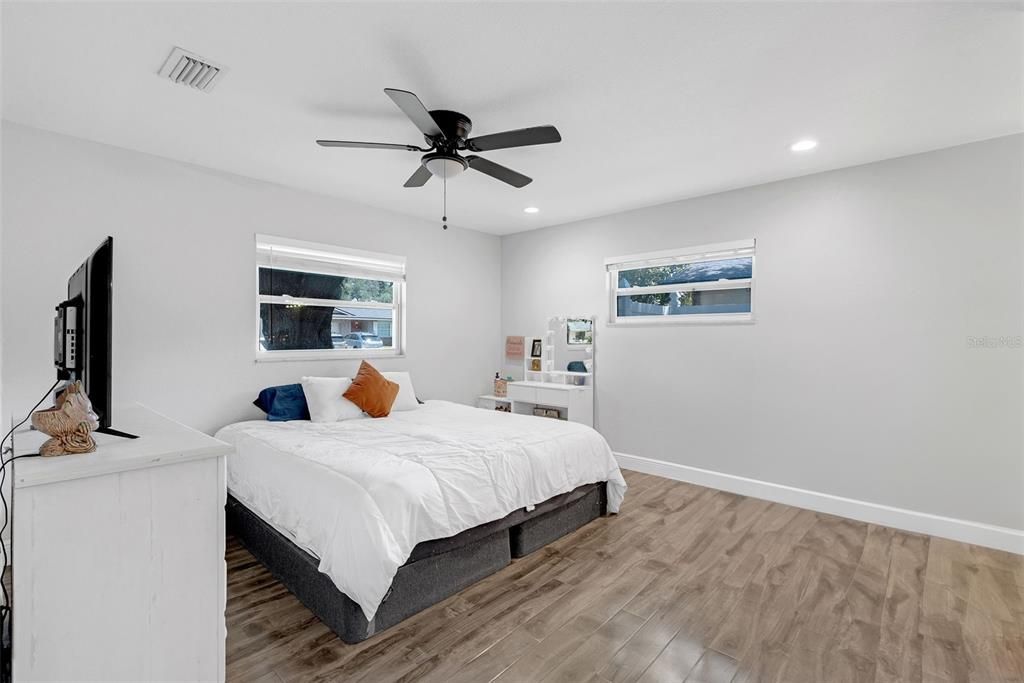 Bedroom, Interior, Recessed Lighting, Wood Texture Flooring