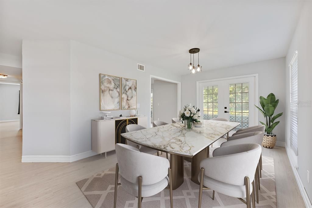 Dining room, Interior, Pendant Lights, Wood Texture Flooring