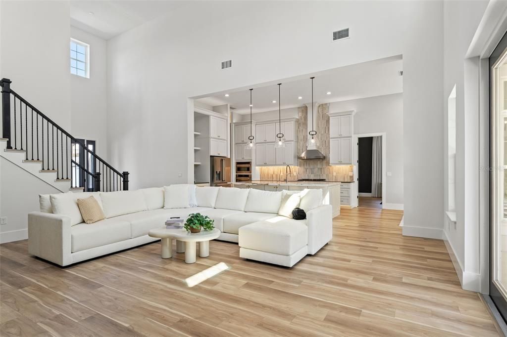 Interior, Kitchen, Living room, Pendant Lights, Recessed Lighting, Stainless Steel Appliances, Wood Texture Flooring