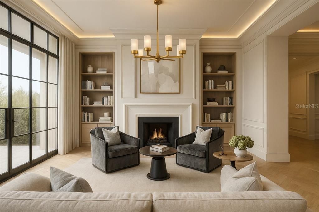 Fireplace, Interior, Living room, Pendant Lights, Wood Texture Flooring
