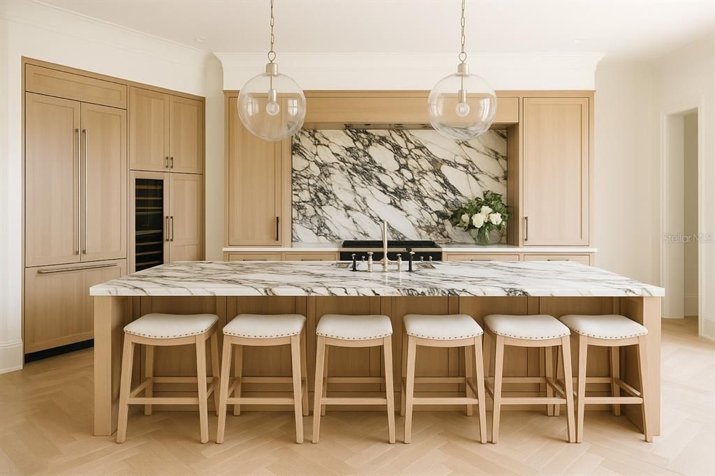 Interior, Kitchen, Marble Walls, Pendant Lights, Wood Texture Flooring