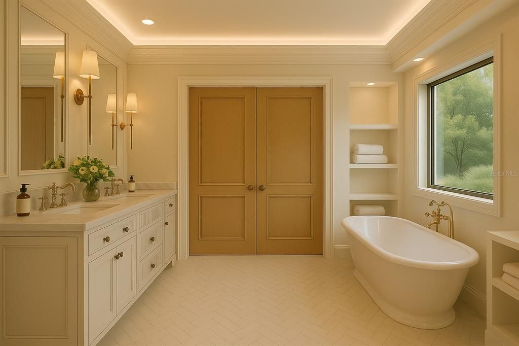 Bathroom, Dual Sink Vanities, Free Standing Baths, Interior, Recessed Lighting