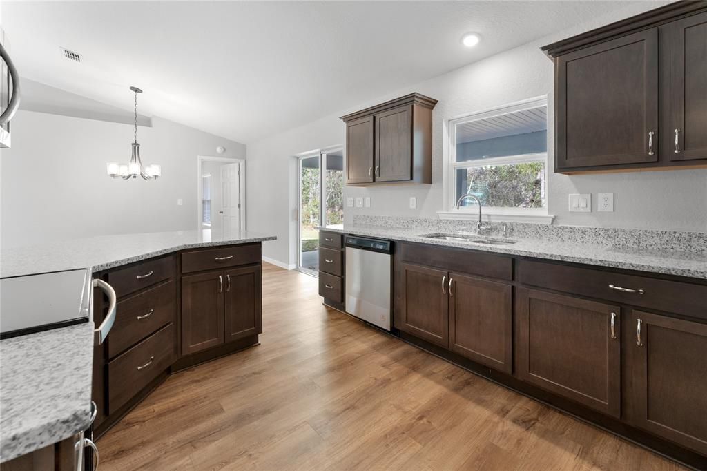 Chandelier, Interior, Kitchen, Recessed Lighting, Wood Texture Flooring