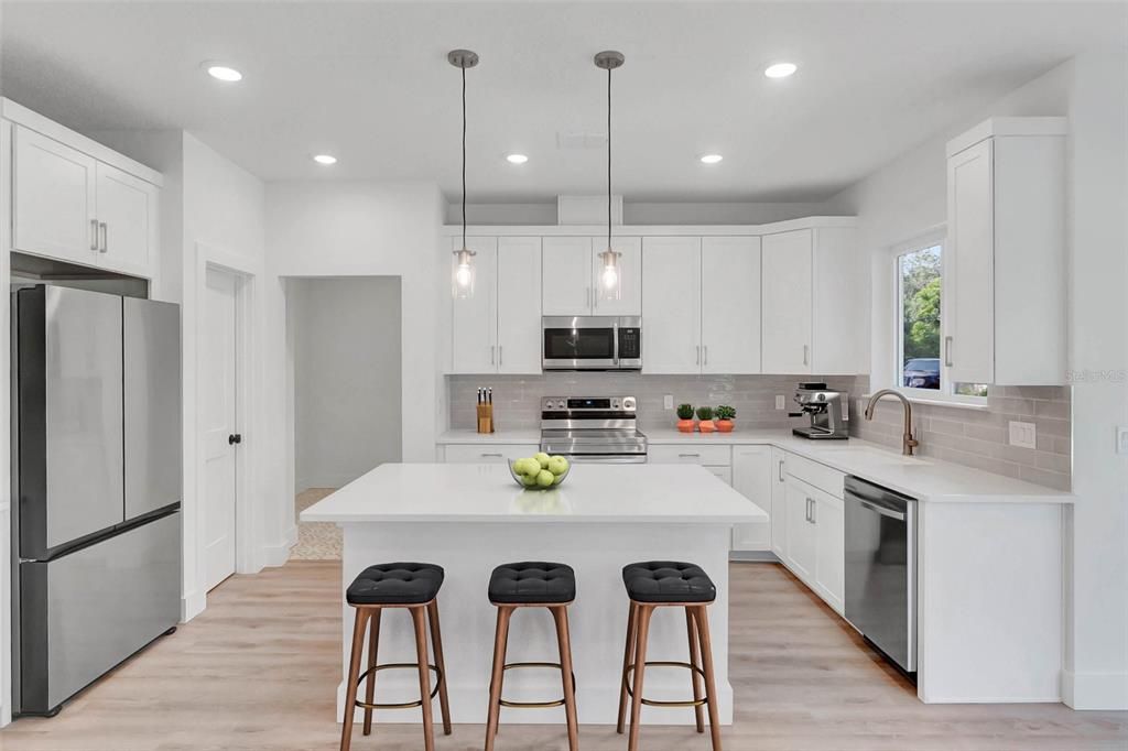 Interior, Kitchen, Pendant Lights, Recessed Lighting, Stainless Steel Appliances, Wood Texture Flooring