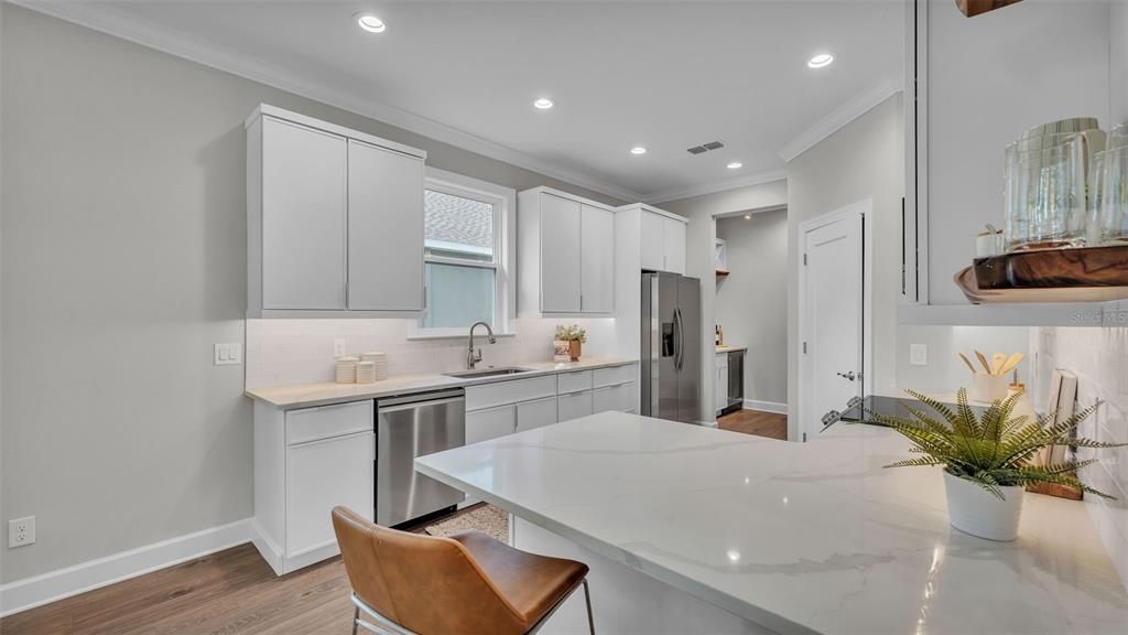 Interior, Kitchen, Recessed Lighting, Stainless Steel Appliances, Wood Texture Flooring