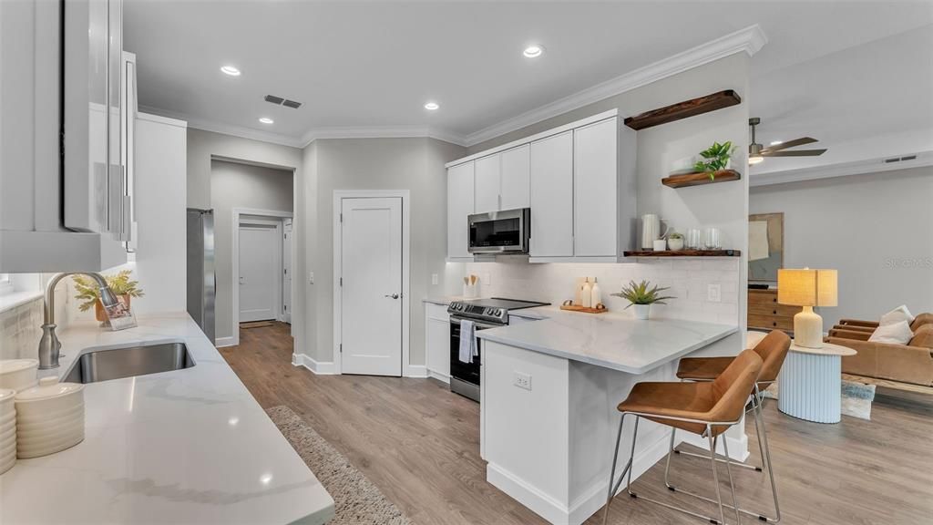 Interior, Kitchen, Recessed Lighting, Stainless Steel Appliances, Wood Texture Flooring
