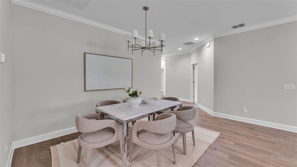 Dining room, Interior, Pendant Lights, Recessed Lighting, Wood Texture Flooring
