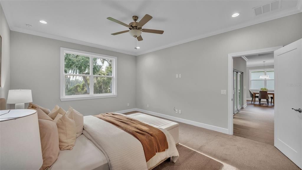 Bedroom, Dining room, Interior, Pendant Lights, Recessed Lighting, Wood Texture Flooring