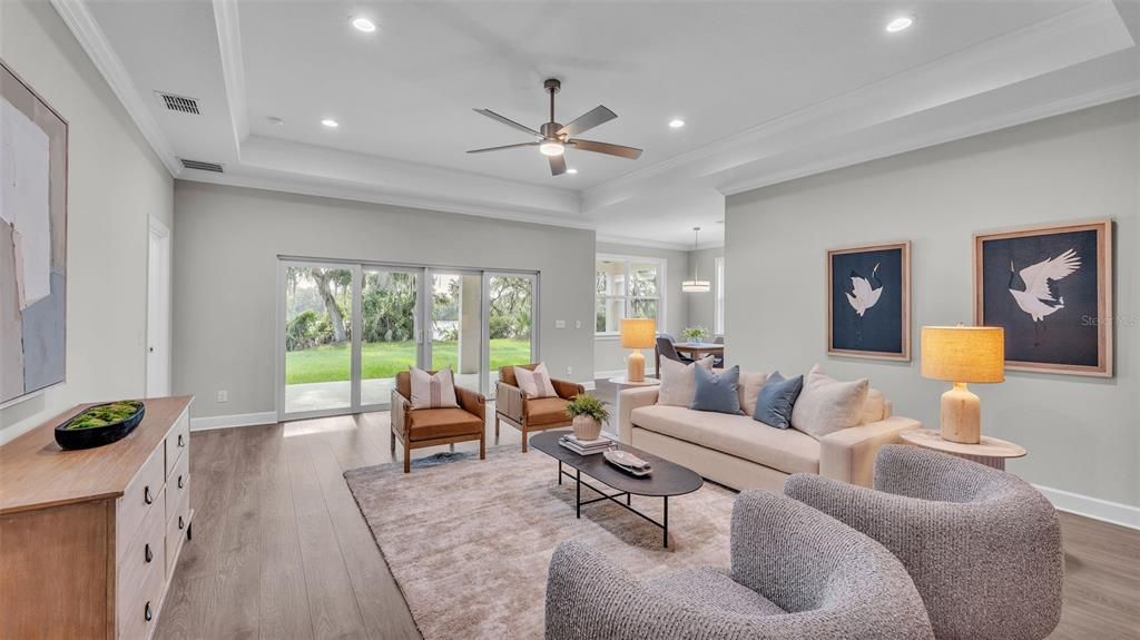 Interior, Living room, Pendant Lights, Recessed Lighting, Wood Texture Flooring