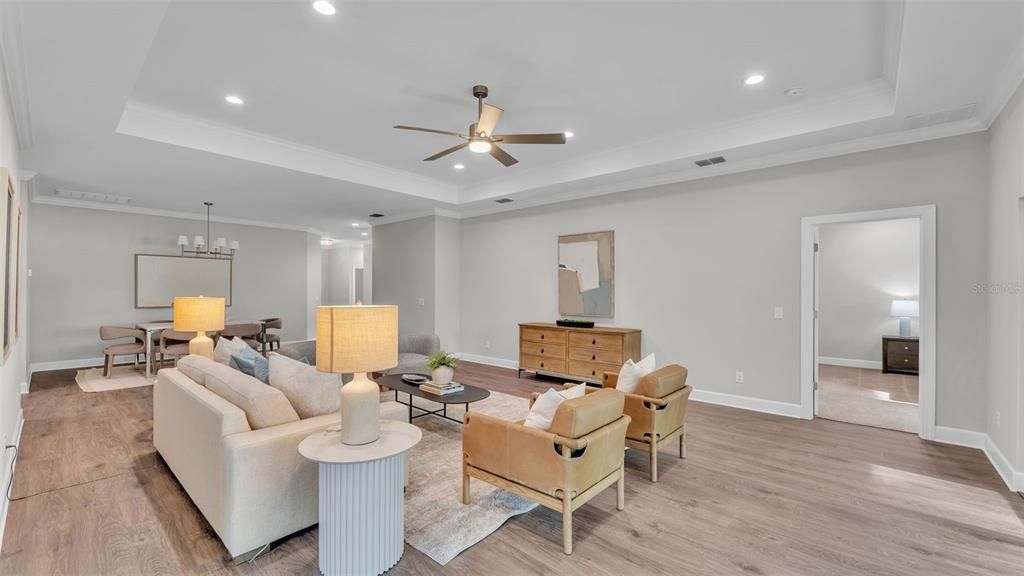 Dining room, Interior, Living room, Pendant Lights, Recessed Lighting, Wood Texture Flooring