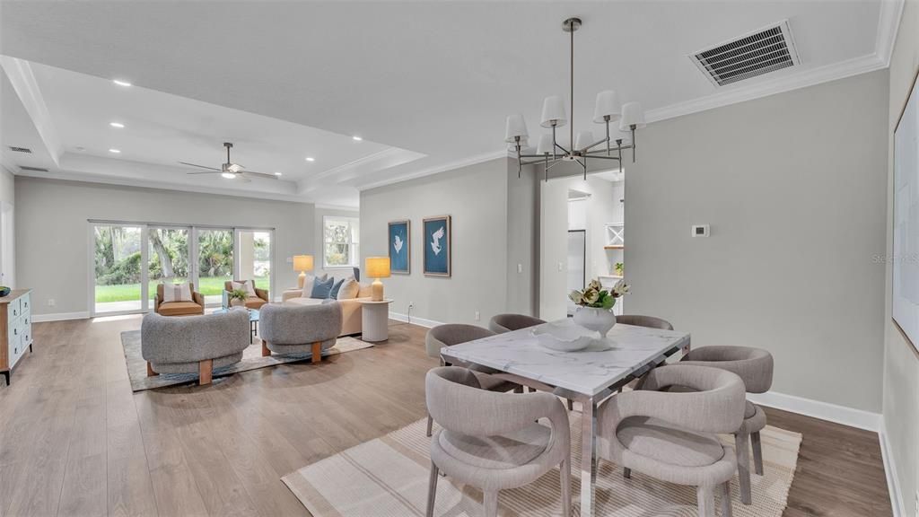 Dining room, Interior, Living room, Pendant Lights, Recessed Lighting, Wood Texture Flooring