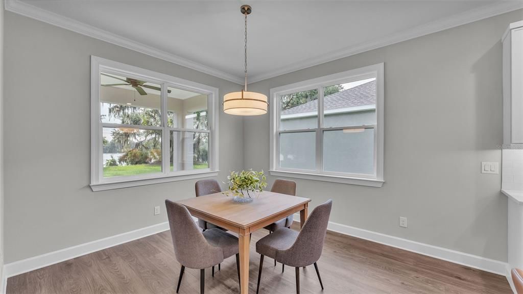 Dining room, Interior, Pendant Lights, Wood Texture Flooring