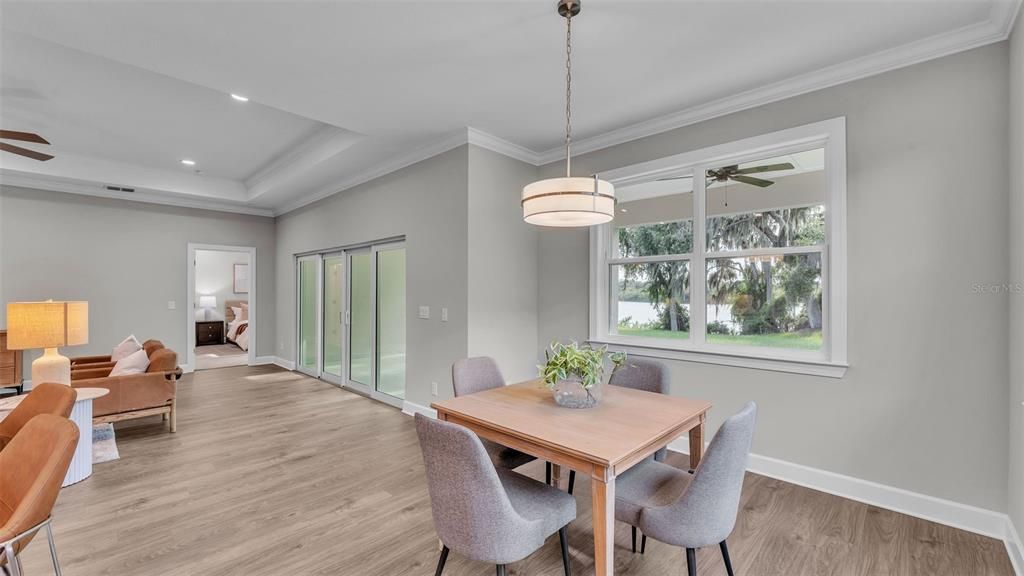 Dining room, Interior, Pendant Lights, Recessed Lighting, Wood Texture Flooring