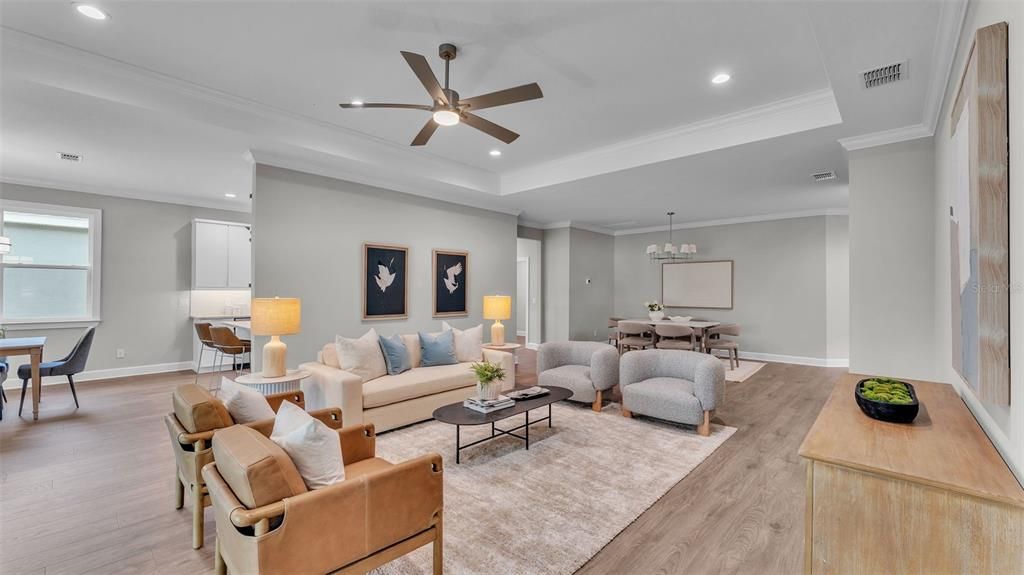 Dining room, Interior, Living room, Pendant Lights, Recessed Lighting, Wood Texture Flooring