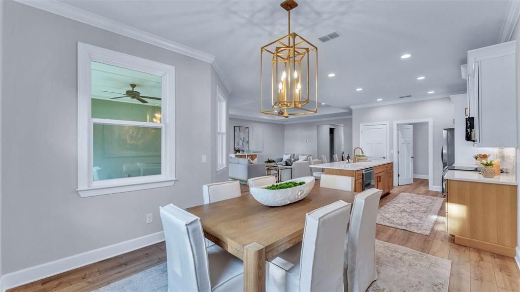 Dining room, Interior, Pendant Lights, Recessed Lighting, Wood Texture Flooring